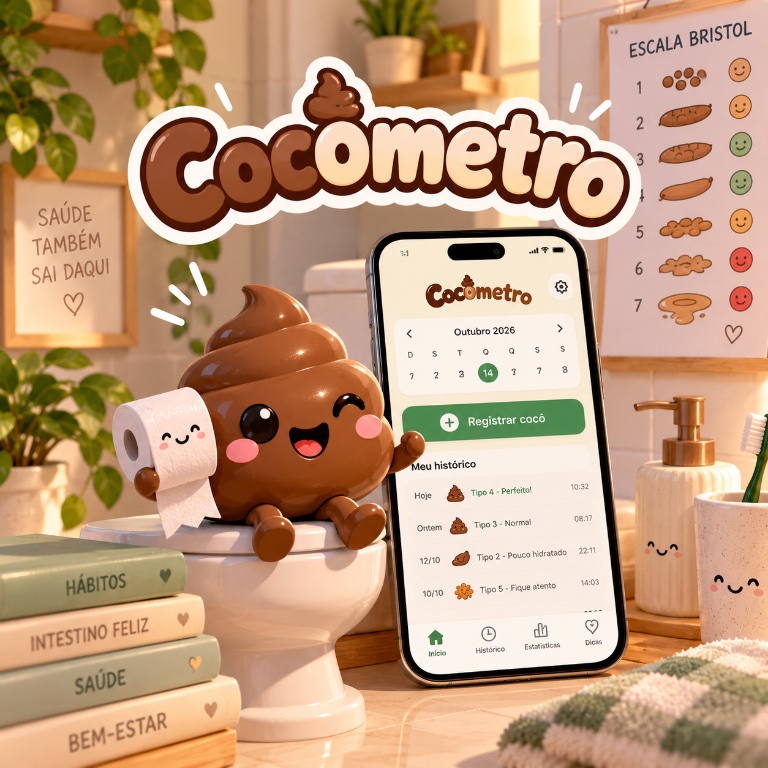 Ilustração do Cocômetro com personagem simpático e tela de registro de saúde intestinal