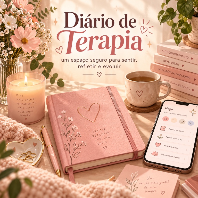 Capa do Diário de Terapia, com um diário, flores, vela e uma tela para refletir e cuidar do bem-estar