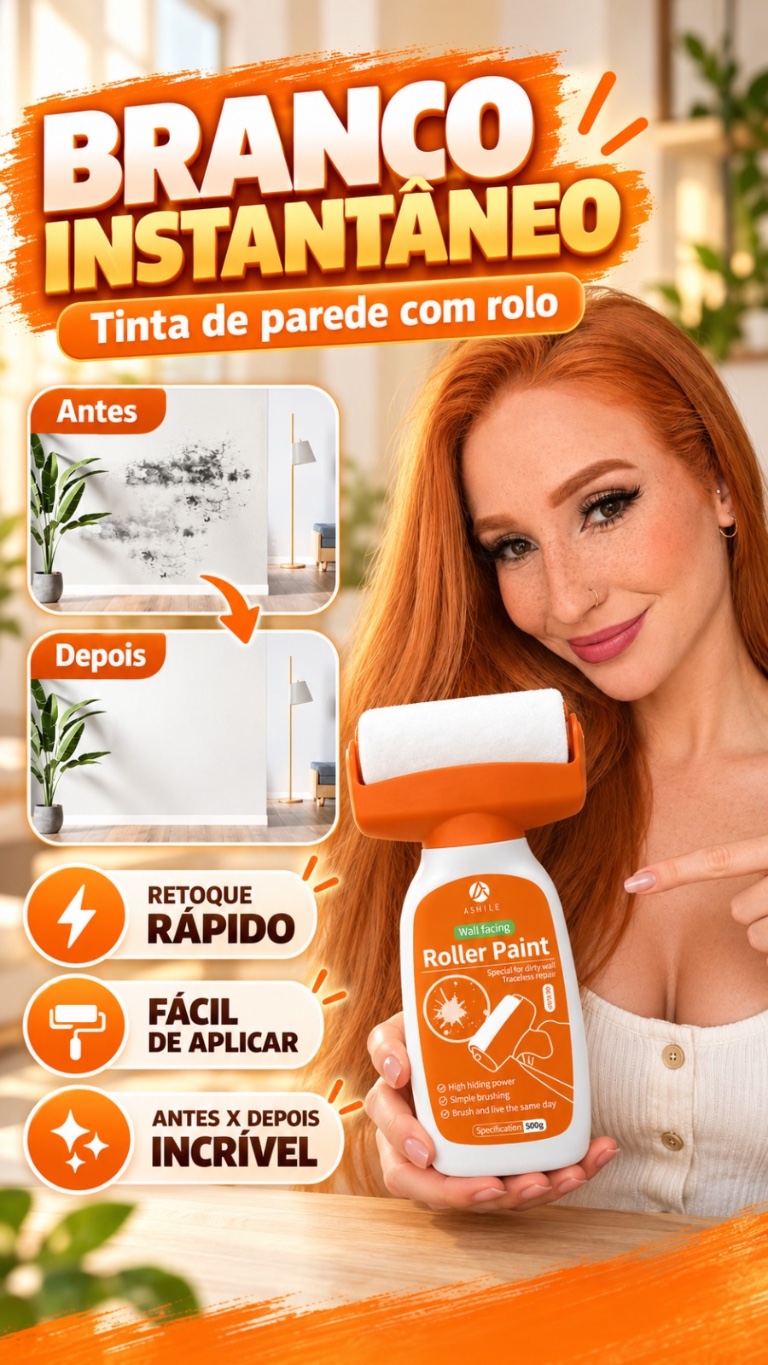 Karol apresenta uma tinta branca de parede com rolo e mostra o antes e depois