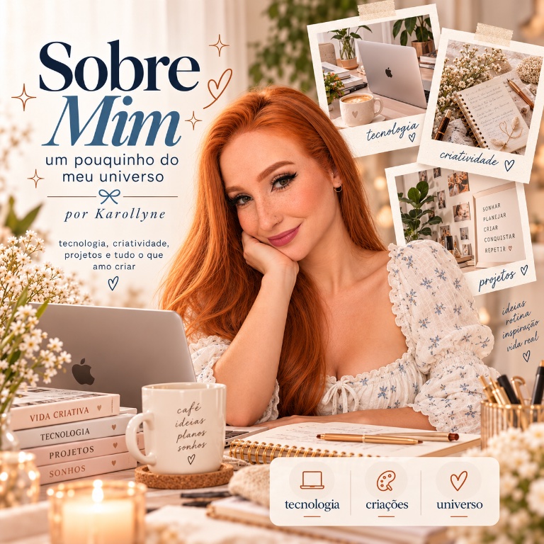 Capa Sobre Mim, com Karollyne e imagens de tecnologia, criatividade e projetos